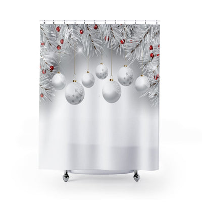 Fabric Shower Curtain White Ornament Christmas Bulbs And Tree Print - Decorative