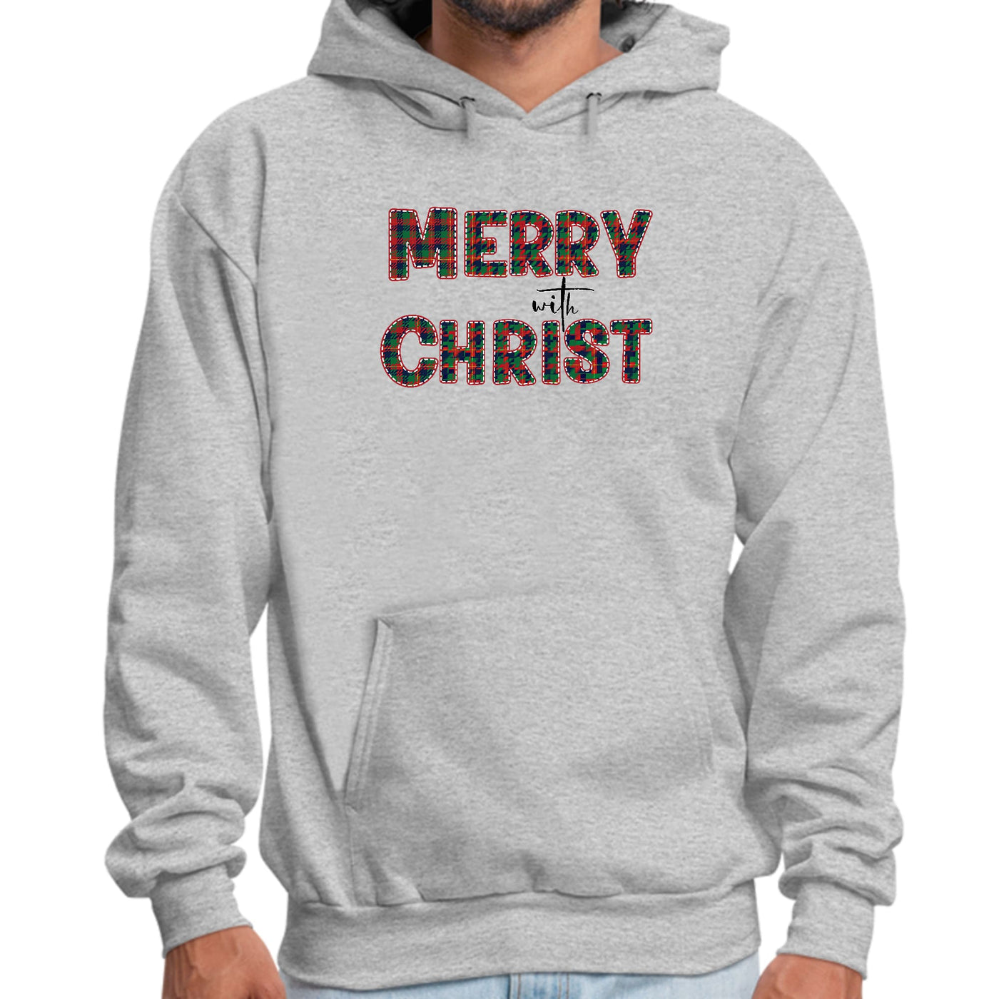 Graphic Hoodie Merry With Christ Red And Green Plaid Christmas - Unisex