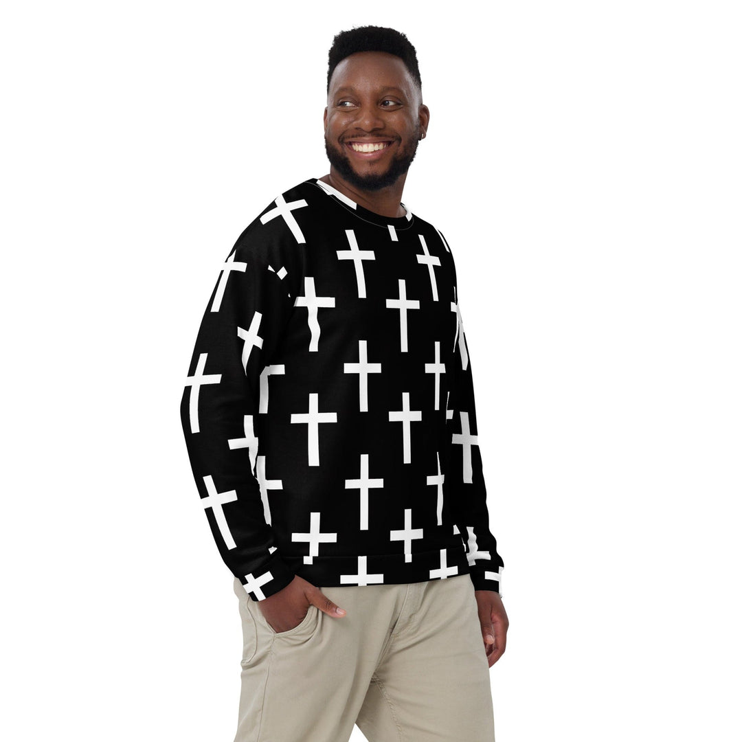 Graphic Sweatshirt for Men - Black White Cross Print - Mens/Sweatshirts/AOP