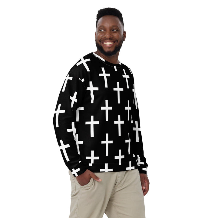 Graphic Sweatshirt for Men - Black White Cross Print - Mens/Sweatshirts/AOP