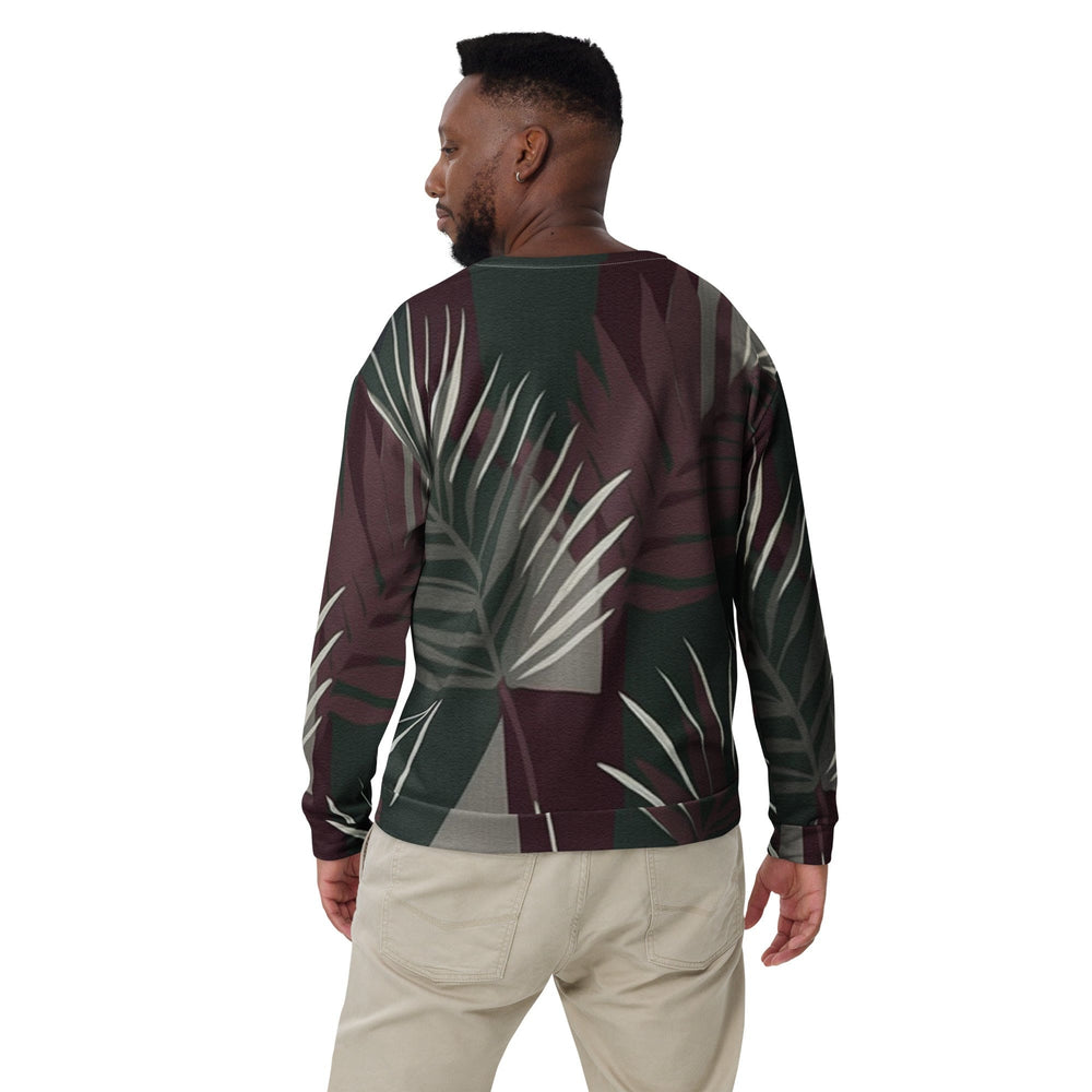 Graphic Sweatshirt for Men Palm Tree Leaves Maroon Green Background - Mens