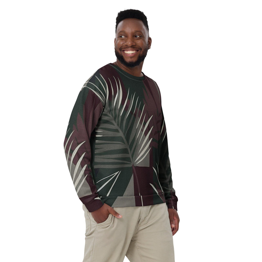 Graphic Sweatshirt for Men Palm Tree Leaves Maroon Green Background - Mens