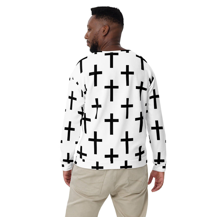 Graphic Sweatshirt for Men - White Black Cross Print - Mens/Sweatshirts/AOP