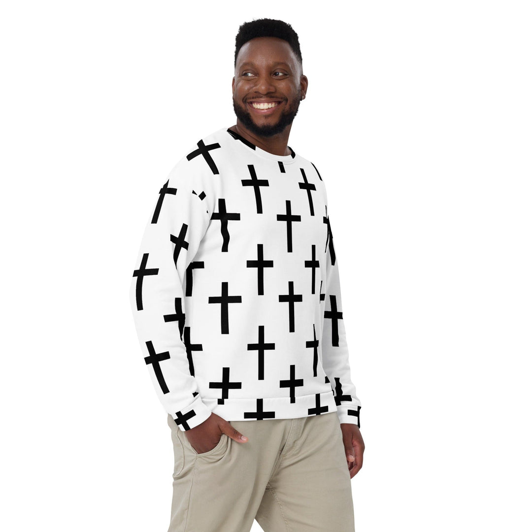 Graphic Sweatshirt for Men - White Black Cross Print - Mens/Sweatshirts/AOP