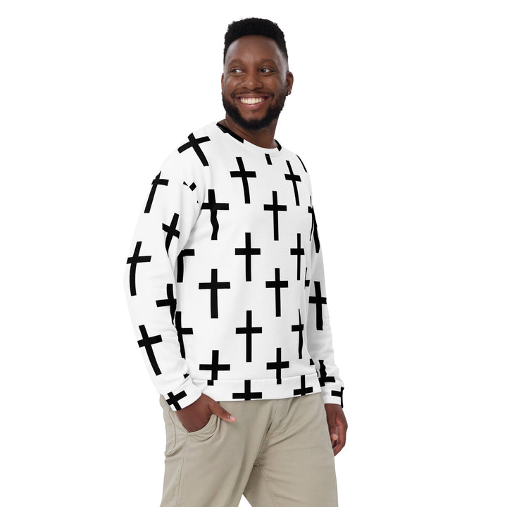 Graphic Sweatshirt for Men - White Black Cross Print - Mens/Sweatshirts/AOP