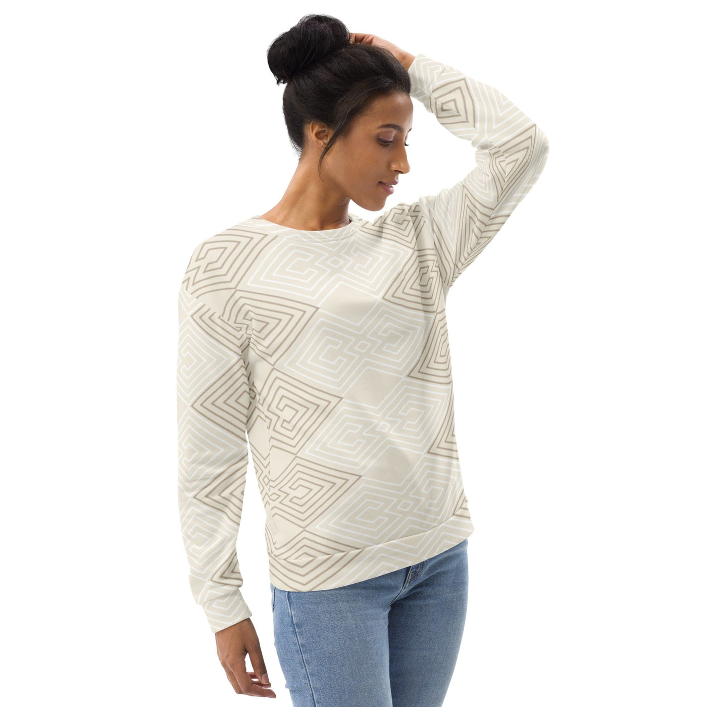 Graphic Sweatshirt For Women Beige And White Tribal Geometric Aztec - Womens