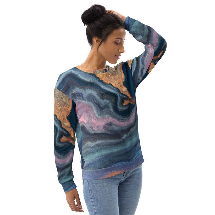 Graphic Sweatshirt for Women Blue Pink Marble Swirl Print - Womens