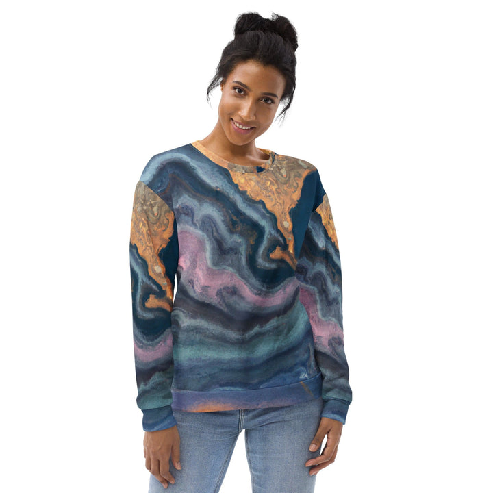 Graphic Sweatshirt for Women Blue Pink Marble Swirl Print - Womens