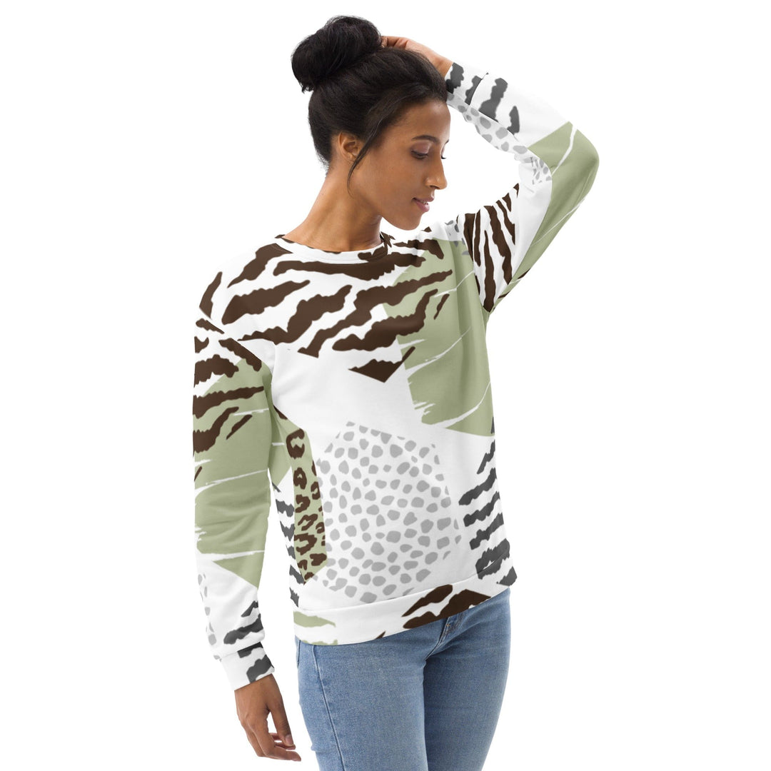 Graphic Sweatshirt for Women Brown Green Grey Geometric Hexagon Print - Womens