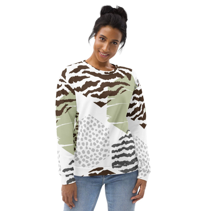 Graphic Sweatshirt for Women Brown Green Grey Geometric Hexagon Print - Womens