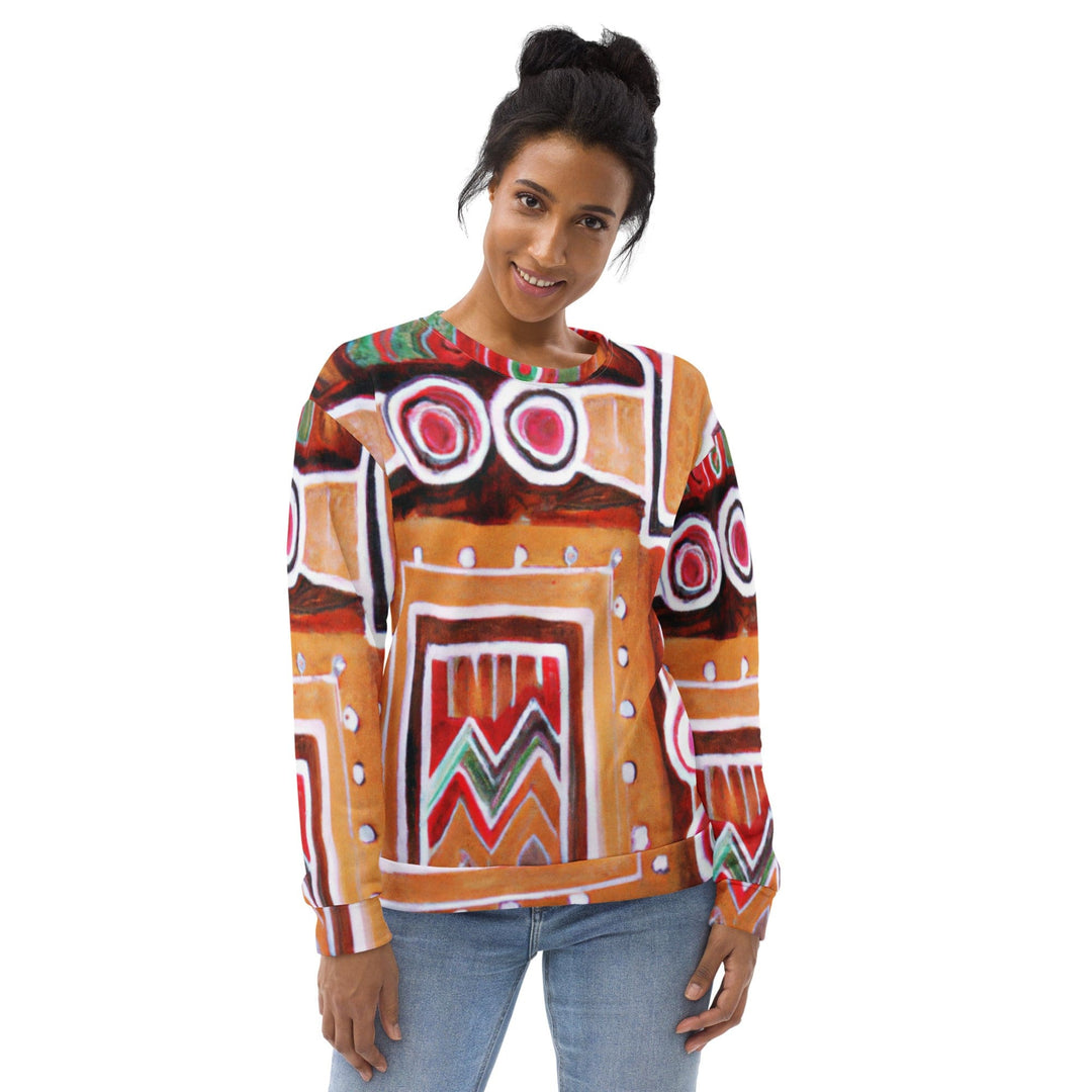 Graphic Sweatshirt for Women Brown Orange Green Aztec Pattern - Womens