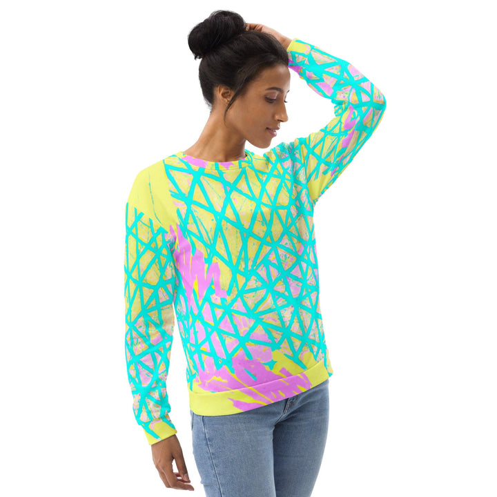 Graphic Sweatshirt for Women Cyan Blue Lime Green and Pink Pattern - Womens