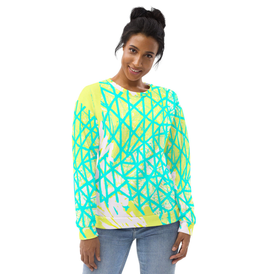 Graphic Sweatshirt for Women Cyan Blue Lime Green and White Pattern - Womens