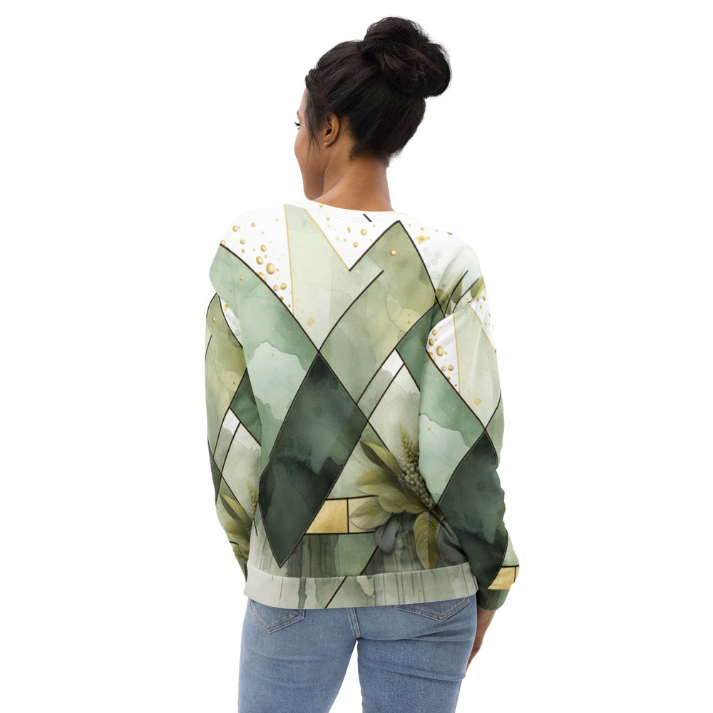 Graphic Sweatshirt for Women Olive Green Mint Leaf Geometric Print - Womens