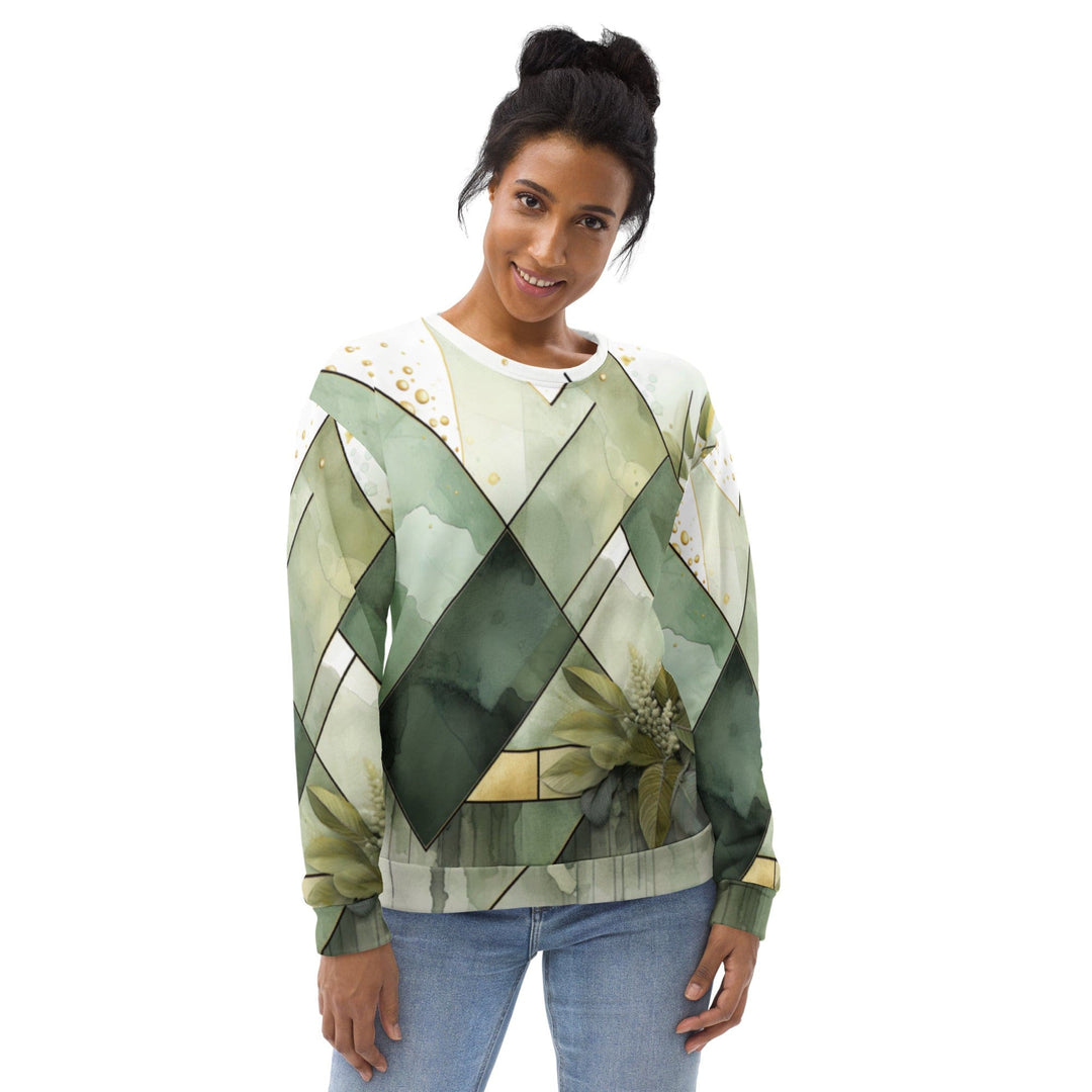 Graphic Sweatshirt for Women Olive Green Mint Leaf Geometric Print - Womens