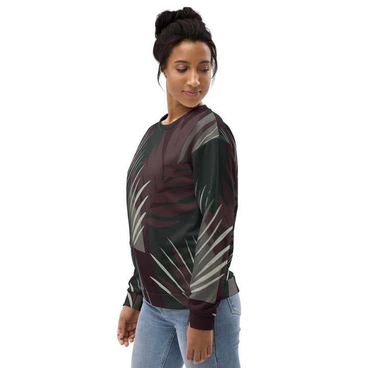 Graphic Sweatshirt for Women Palm Tree Leaves Maroon Green Background - Womens