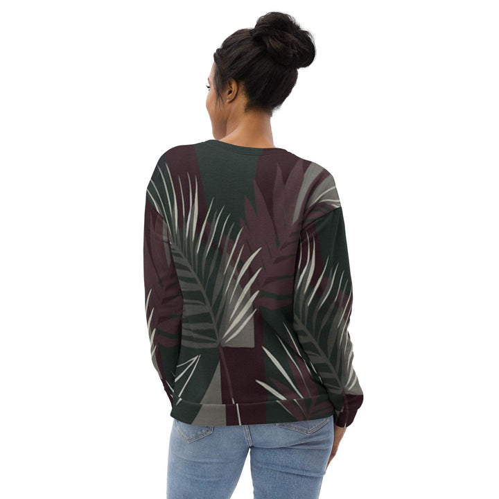 Graphic Sweatshirt for Women Palm Tree Leaves Maroon Green Background - Womens