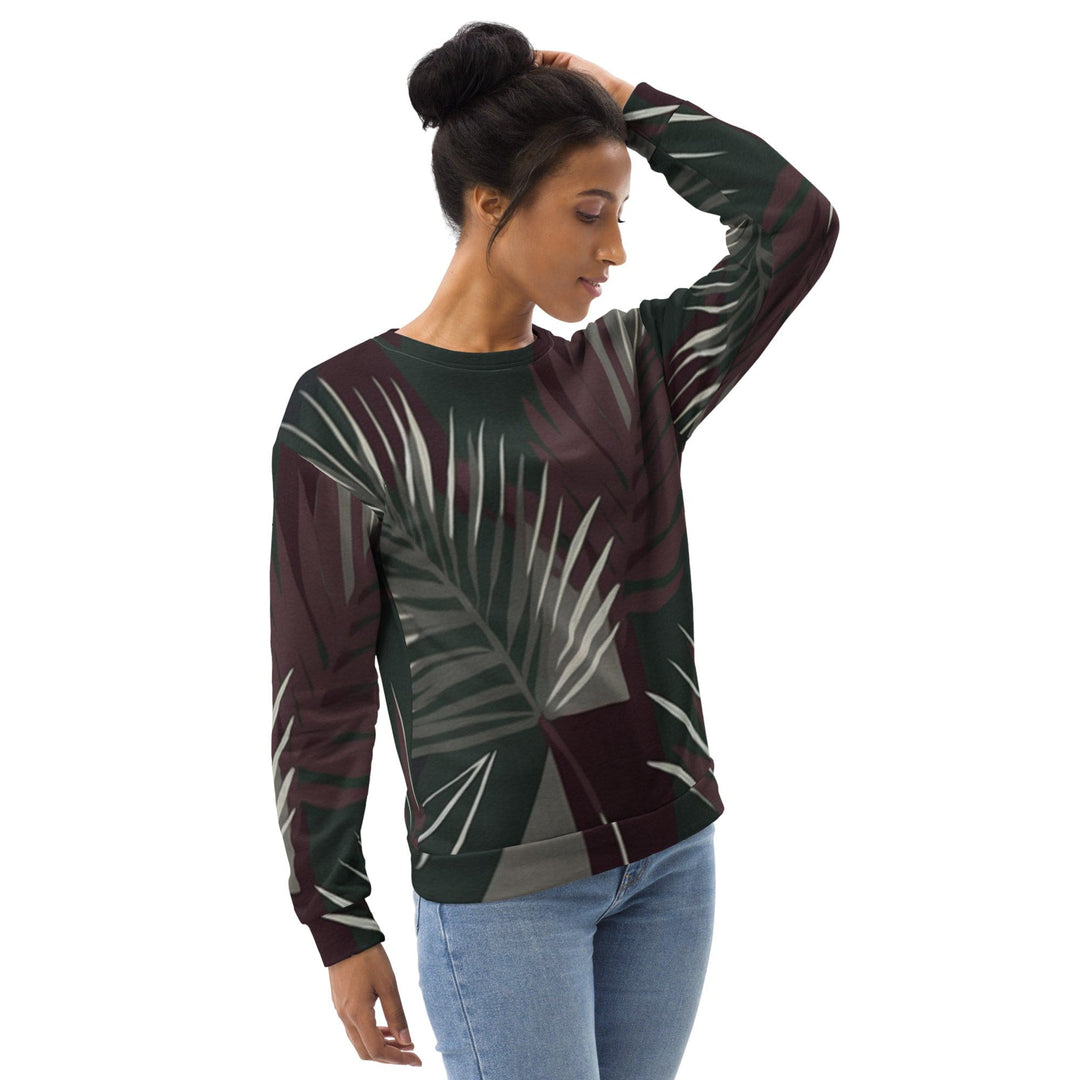 Graphic Sweatshirt for Women Palm Tree Leaves Maroon Green Background - Womens