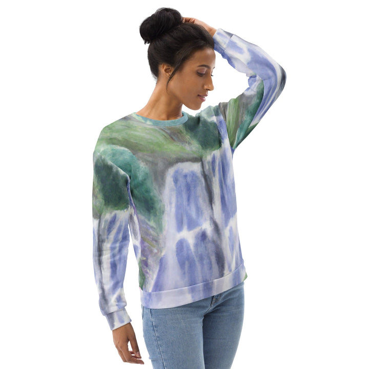 Graphic Sweatshirt for Women Purple Watercolor Waterfall Green