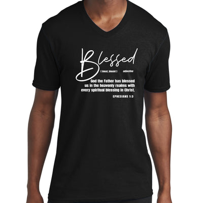 Graphic V - neck T - shirt Blessed In Christ Illustration - Unisex | T - Shirts