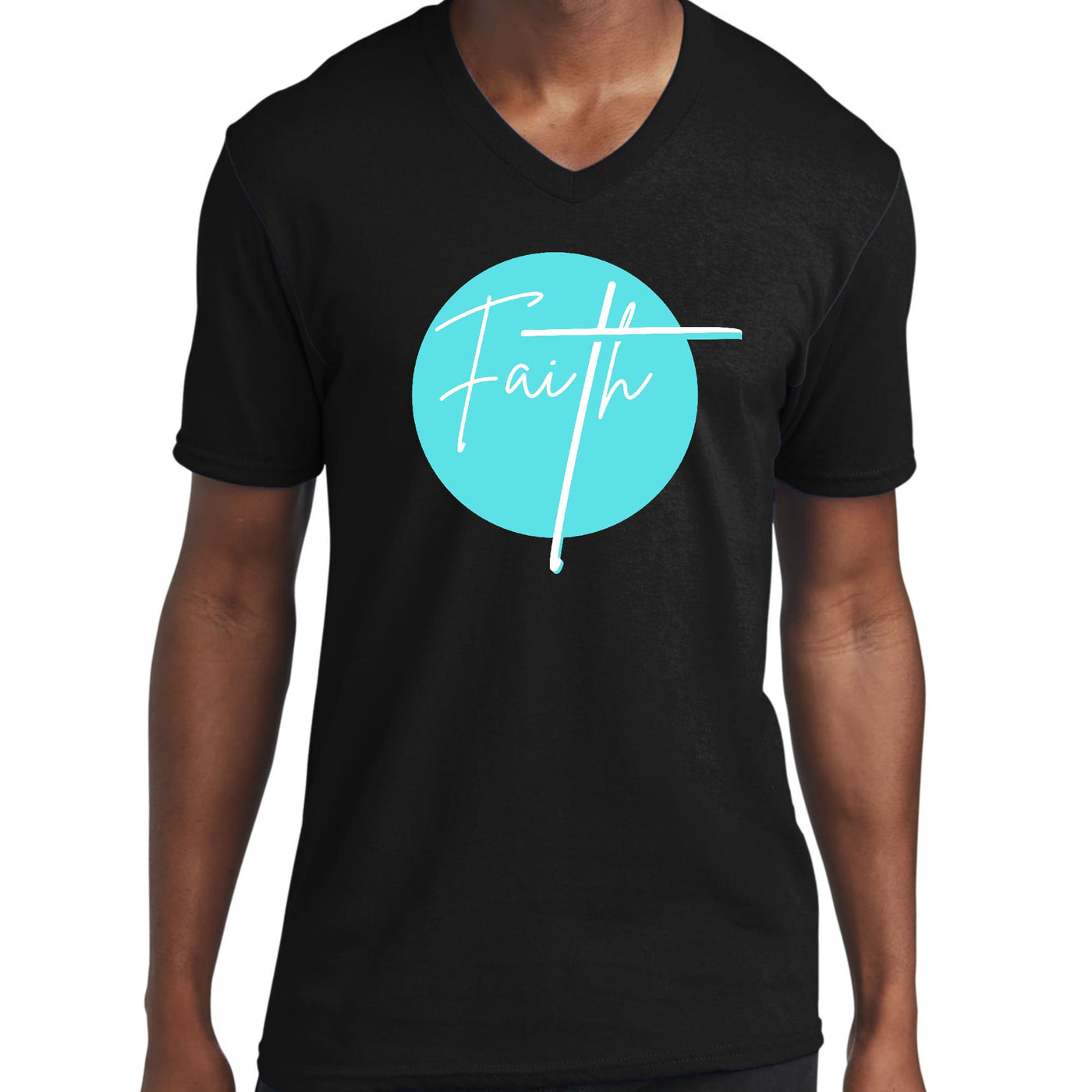 Graphic V - neck T - shirt Faith - Christian Affirmation Cyan Blue Unisex | T