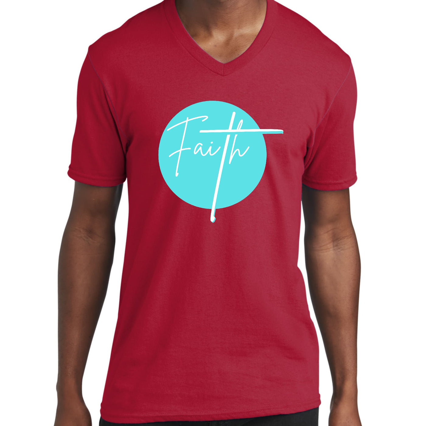 Graphic V - neck T - shirt Faith - Christian Affirmation Cyan Blue Unisex | T
