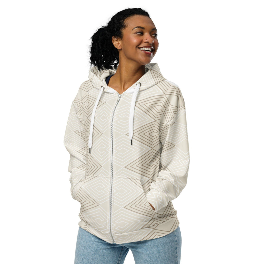 Womens Graphic Zip Hoodie Beige And White Tribal Geometric Aztec Print - Womens