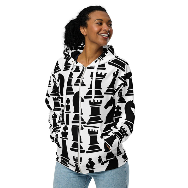 Womens Graphic Zip Hoodie Black And White Chess Print - Womens | Hoodies | Zip