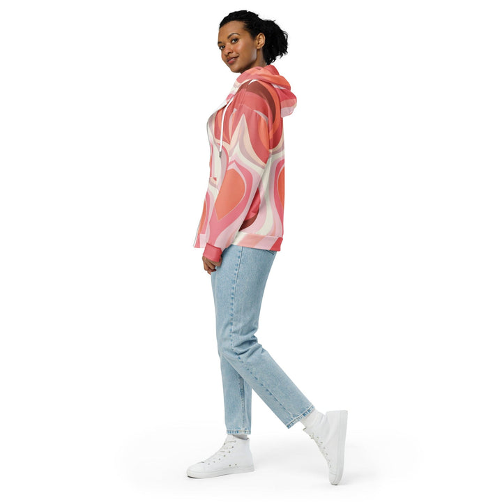 Womens Graphic Zip Hoodie Boho Pink And White Contemporary Art Lined - Womens