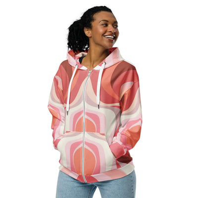 Womens Graphic Zip Hoodie Boho Pink And White Contemporary Art Lined - Womens
