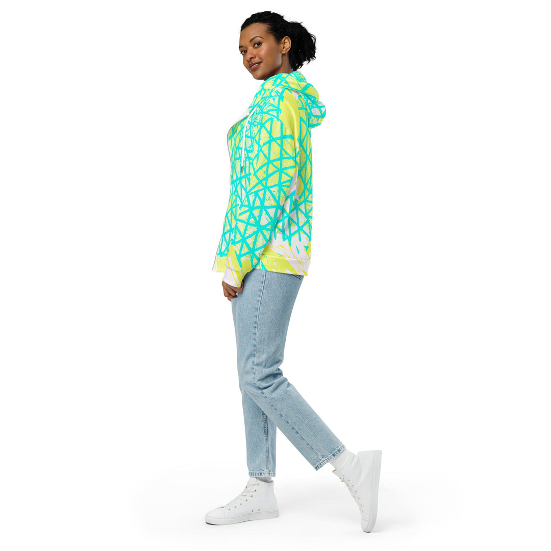 Womens Graphic Zip Hoodie Cyan Blue Lime Green And White Pattern - Womens