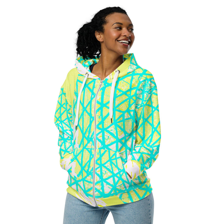 Graphic Zip Hoodie Cyan Blue Lime Green And White Pattern