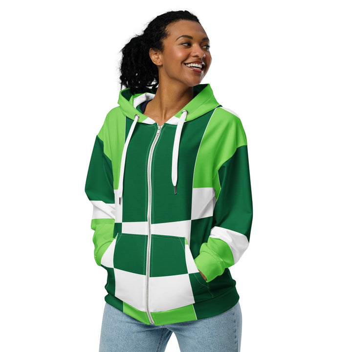 Womens Graphic Zip Hoodie Green White Colorblock Grid Lines - Womens | Hoodies