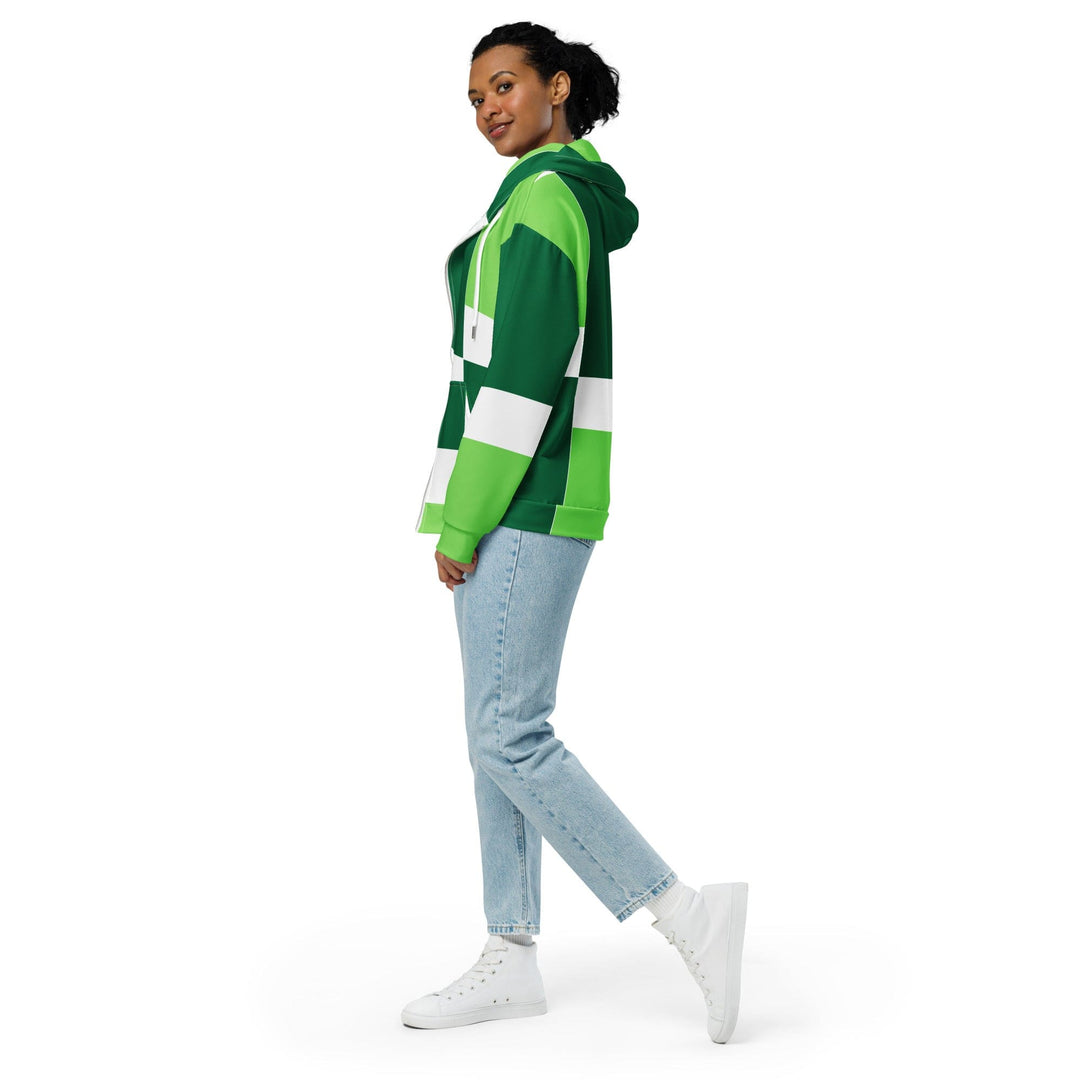 Womens Graphic Zip Hoodie Green White Colorblock Grid Lines - Womens | Hoodies