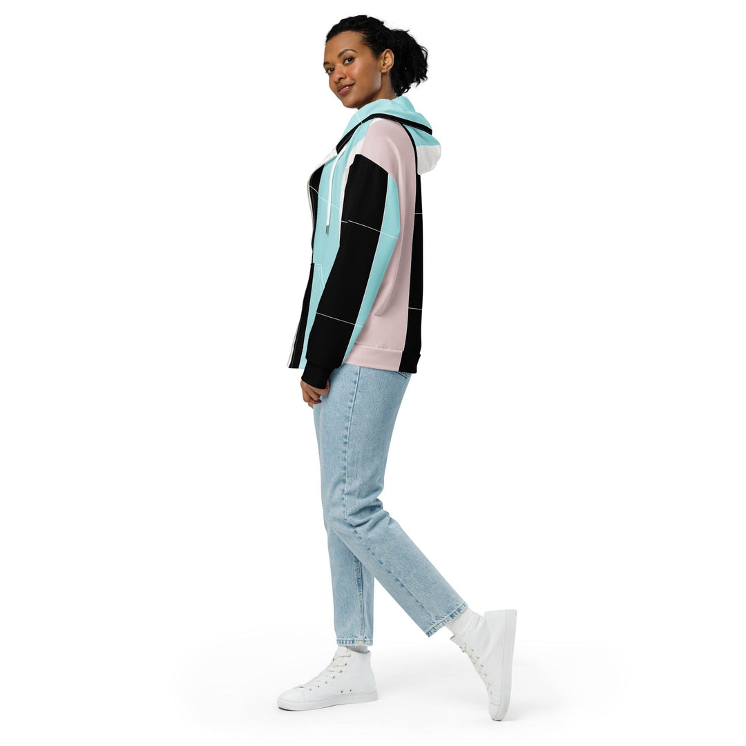 Womens Graphic Zip Hoodie Pastel Pink Black Blue Colorblock Lines - Womens