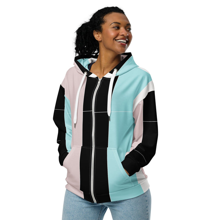 Womens Graphic Zip Hoodie Pastel Pink Black Blue Colorblock Lines - Womens