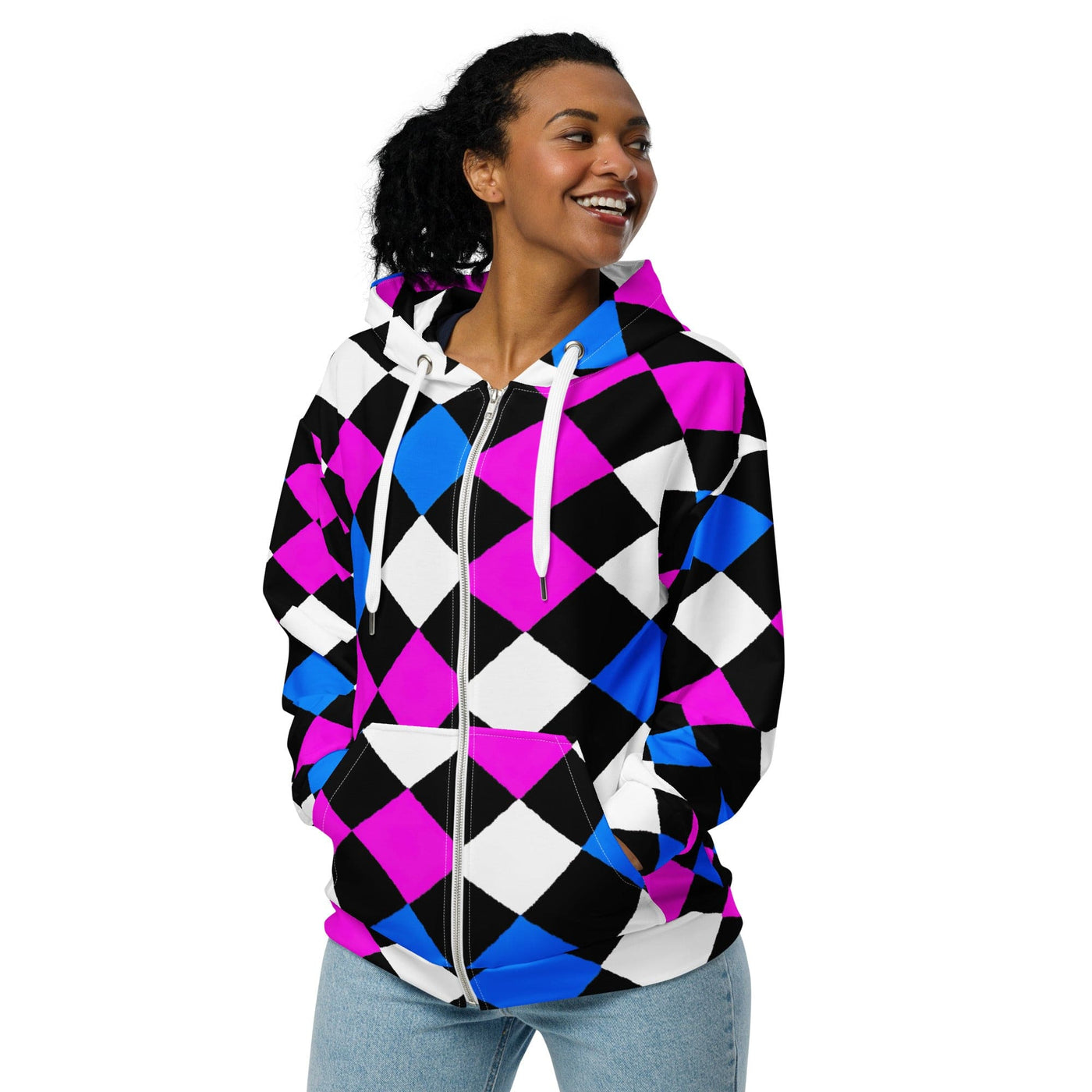 Womens Graphic Zip Hoodie Pink Blue Checkered Pattern - Womens | Hoodies | Zip