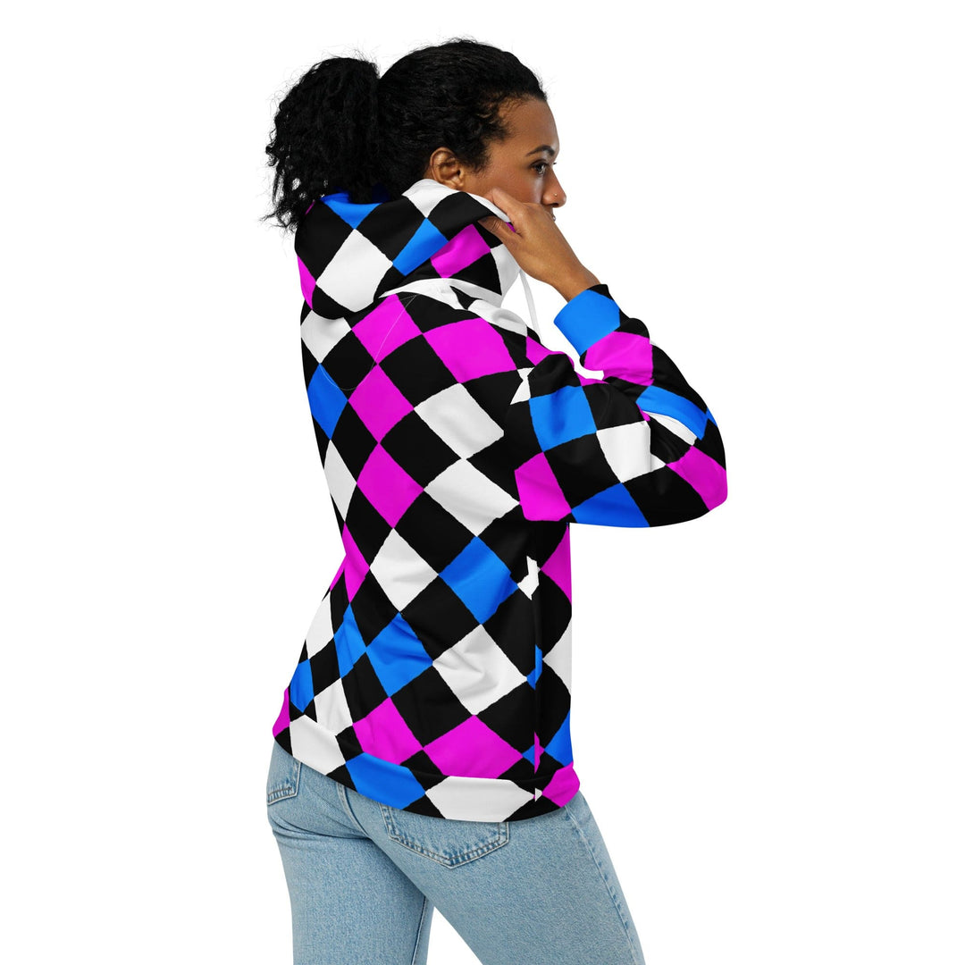 Womens Graphic Zip Hoodie Pink Blue Checkered Pattern - Womens | Hoodies | Zip