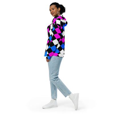 Womens Graphic Zip Hoodie Pink Blue Checkered Pattern - Womens | Hoodies | Zip