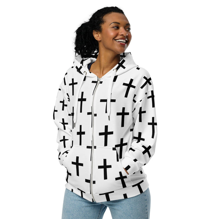 Womens Graphic Zip Hoodie White Black Cross Print - Womens | Hoodies | Zip Front