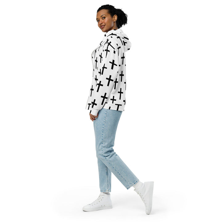 Womens Graphic Zip Hoodie White Black Cross Print - Womens | Hoodies | Zip Front