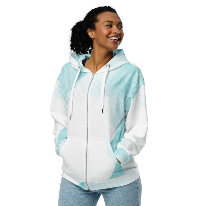 Womens Graphic Zip Hoodie Subtle Abstract Ocean Blue And White Print - Womens