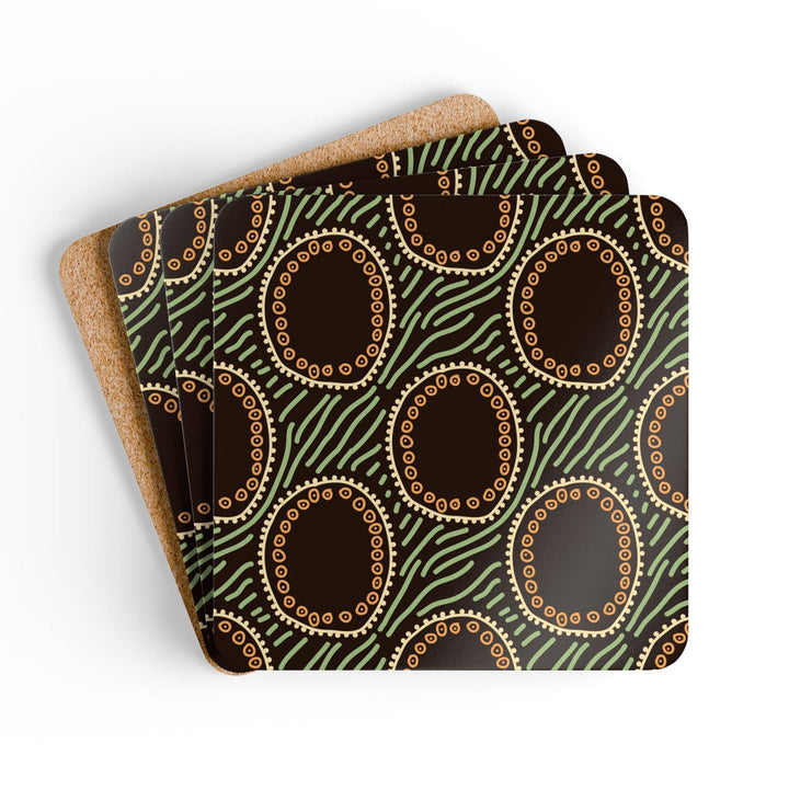 Handcrafted Square Coaster Set Of 4 Brown Green Geometric Lines - Home Decor