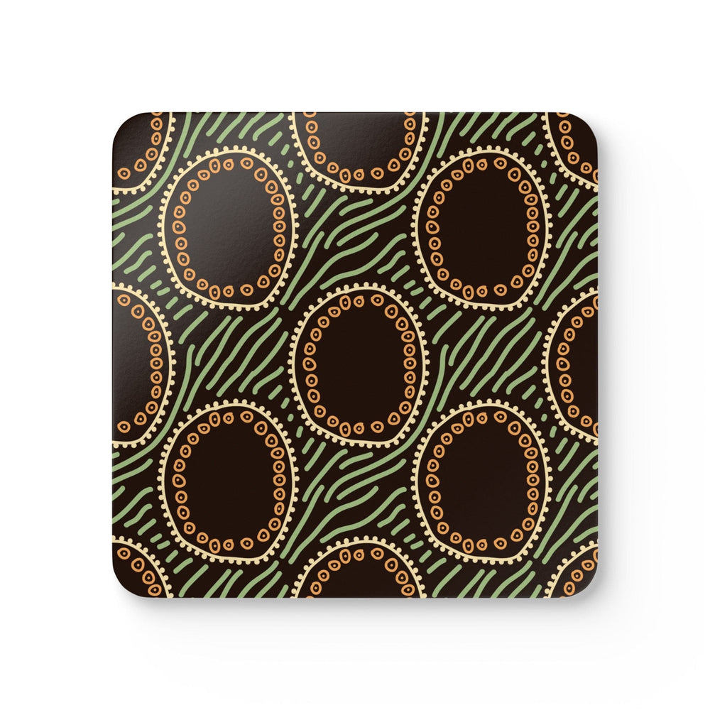 Handcrafted Square Coaster Set Of 4 Brown Green Geometric Lines - Home Decor