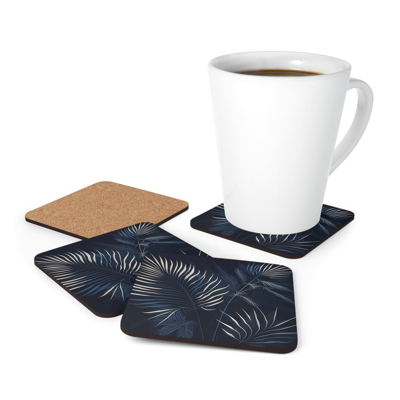 Handcrafted Square Coaster Set Of 4 For Drinks And Cups Blue White Palm Leaves