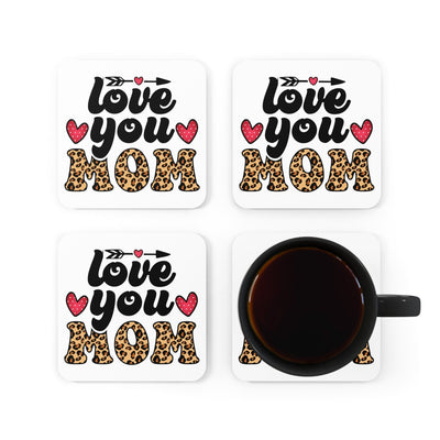 Handcrafted Square Coaster Set Of 4 For Drinks And Cups Love You Mom Leopard