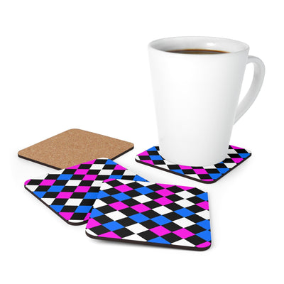 Handcrafted Square Coaster Set Of 4 For Drinks And Cups Pink Blue Checkered