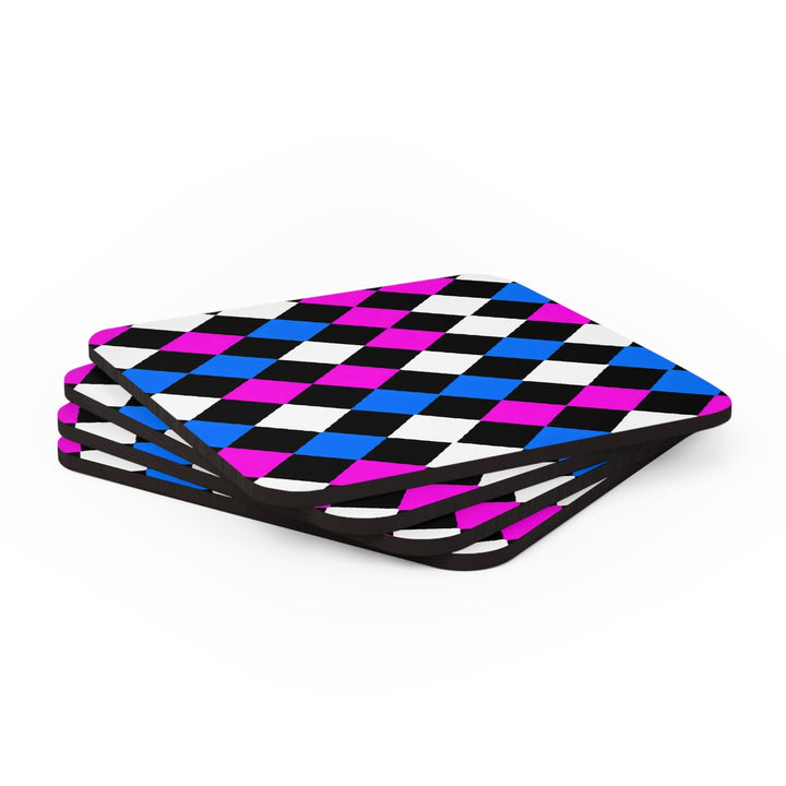 Handcrafted Square Coaster Set of 4 - Pink Blue Checkered Pattern - Decorative