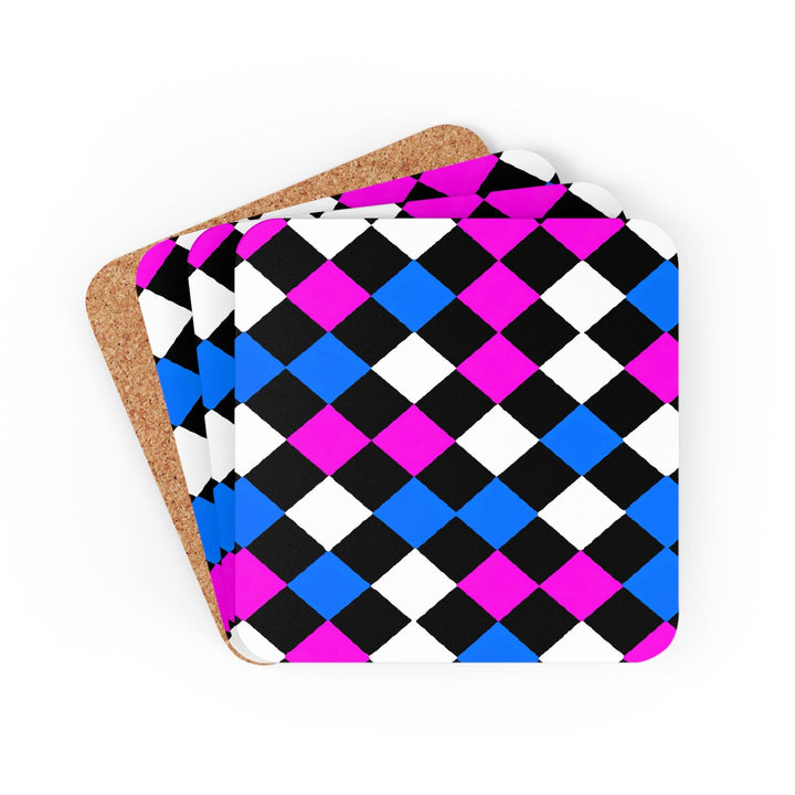 Handcrafted Square Coaster Set of 4 - Pink Blue Checkered Pattern - Decorative