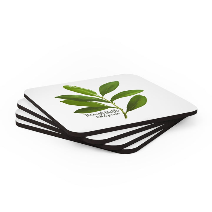 Handcrafted Square Coaster Set of 4 - Through Faith Find Peace Olive Leaf